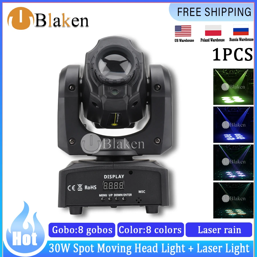 

No Tax 1Pcs Beam Spot Laser Light 30W LED Moving Head Stage Light With Gobos Plate Dj Bar Wedding Party 8 Gobos 8 Colors Beam