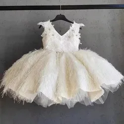 White Girl Princess Dress WIth Feathers Baby Elegant Wedding Dresses Kids Appliques Ball Gown Puffy Children Birthday Customized