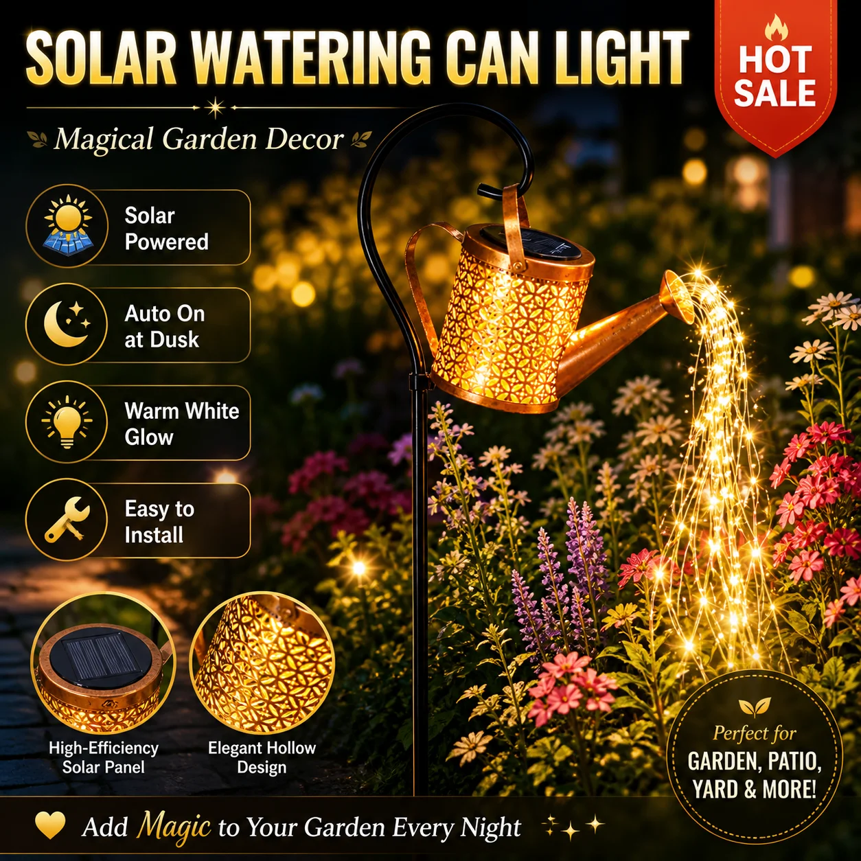 Solar Garden Light,IP44 Waterproof Metal Watering Can Lamp Yard Lawn Auto‑on LED String Light For Courtyard Decoration Lovers