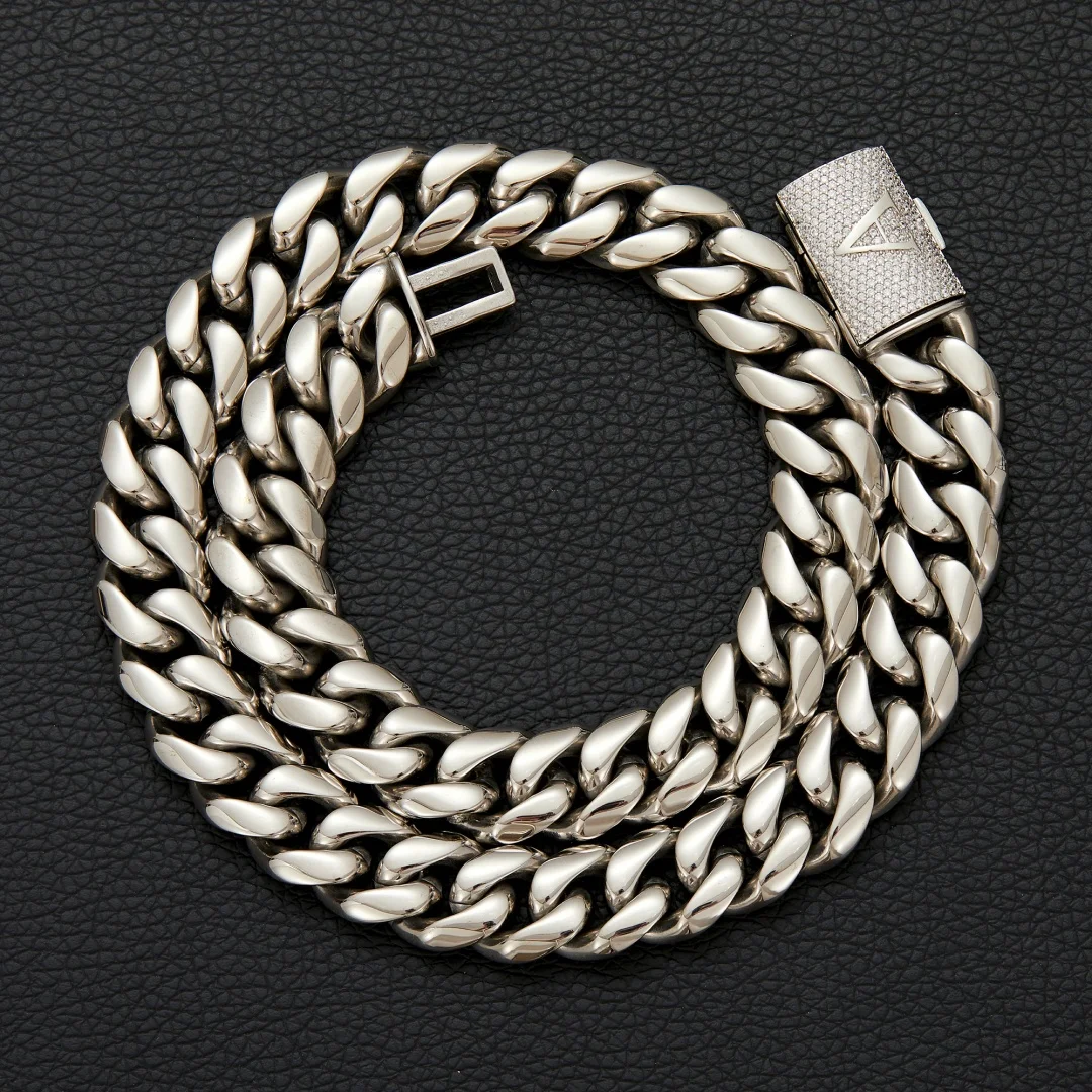 14mm Hip Hop Bling Iced Out Letters Button A-Z Stainless Steel  Round Cuban Miami Link Chain Necklace for Unisex Rapper Jewelry