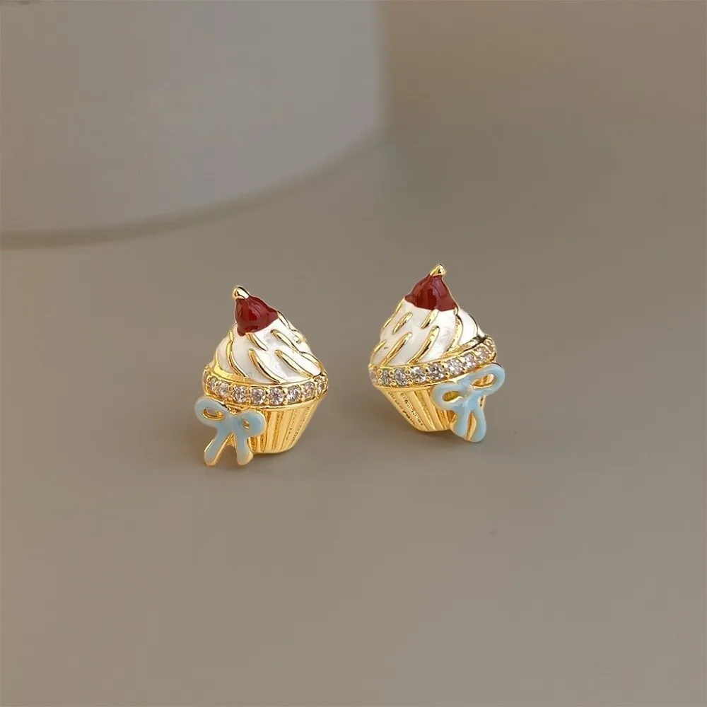 Enamel Birthday Cake Stud Earrings Childishness Zircon Mousse Cake Earrings Y2K Korean Style Ice Cream Ear Studs Hipster