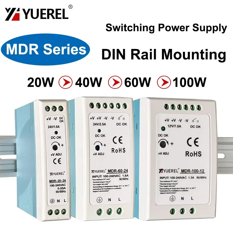 Single Output Power Supply DIN Rail Power Supply Switching 5V/12V/24V/48V MDR 20W 40W 60W 100W Power Source