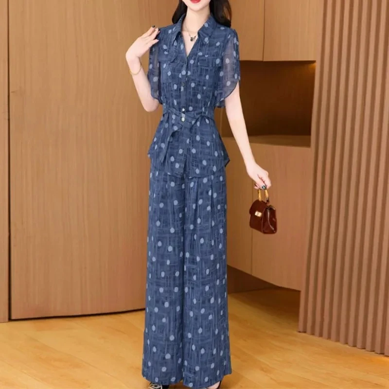 

Blue Wave Point Two Piece Sets Summer New Elegant Fashion Temperament Casual Slim Office Female Pants Suits 2PCS Women Outfits