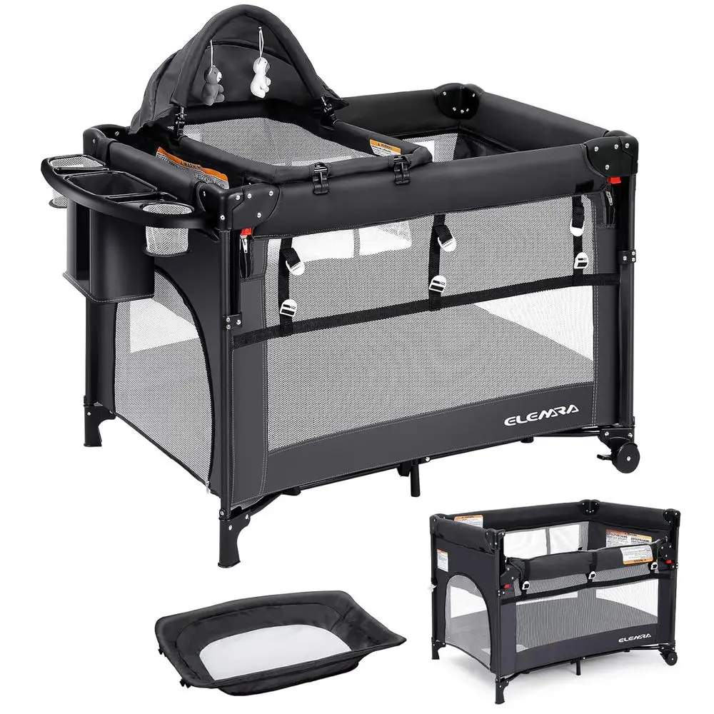 

5-in-1 Portable Playard with Adjustable Bassinet, Changing Table, and Zippered Door, Gray