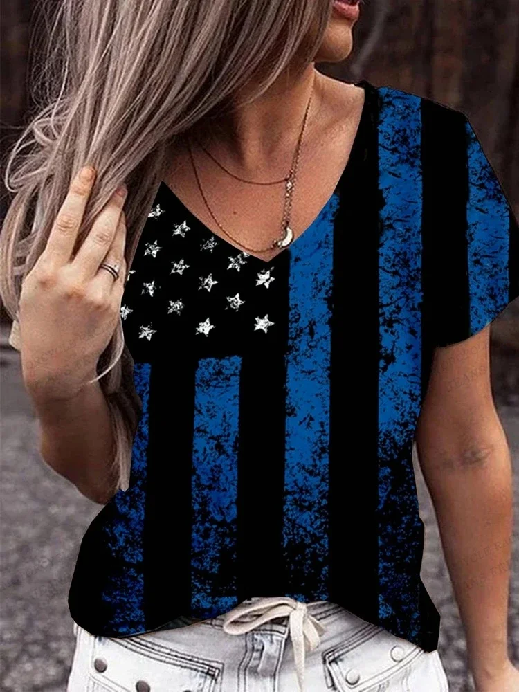 Women Fashion V-Neck Vintage T-shirts Short Sleeve Tops American Flag 3d Print T-shirt Tees Loose Casual Tees USA Flag Tops