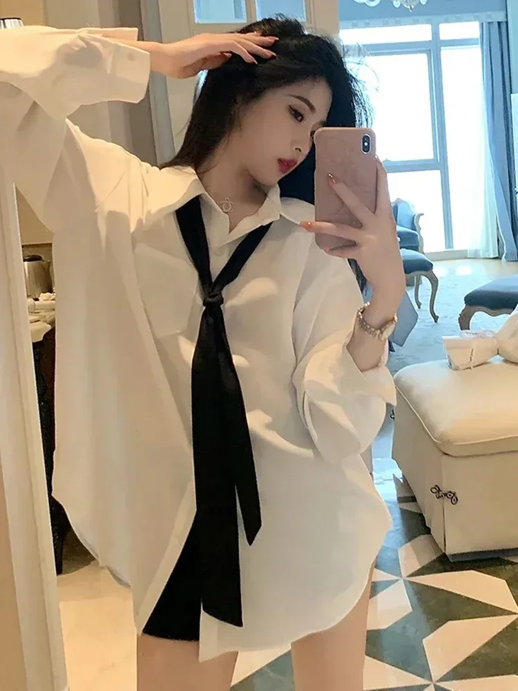 2025 moda solta gravata camisa branca feminina casual coreano blusa de manga longa primavera nova feminina todos os jogos turn down collar chiques topos