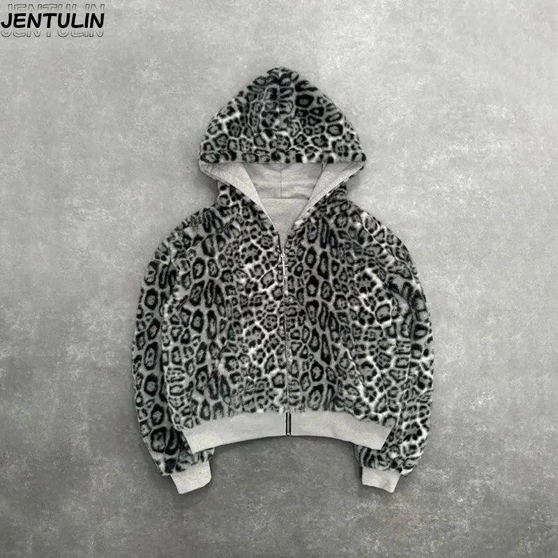 Hip Hop New Two Sided Clothing Harajuku Retro Leopard Print Fashionable Loose Zipper Hoodie Men Street Casual Sweatshirt Women