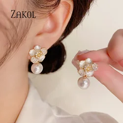 ZAKOL Stylish Imitation Pearl Dangle Earrings Elegant Crystal Zirconia Flower Earring Wedding Party Jewelry Gifts