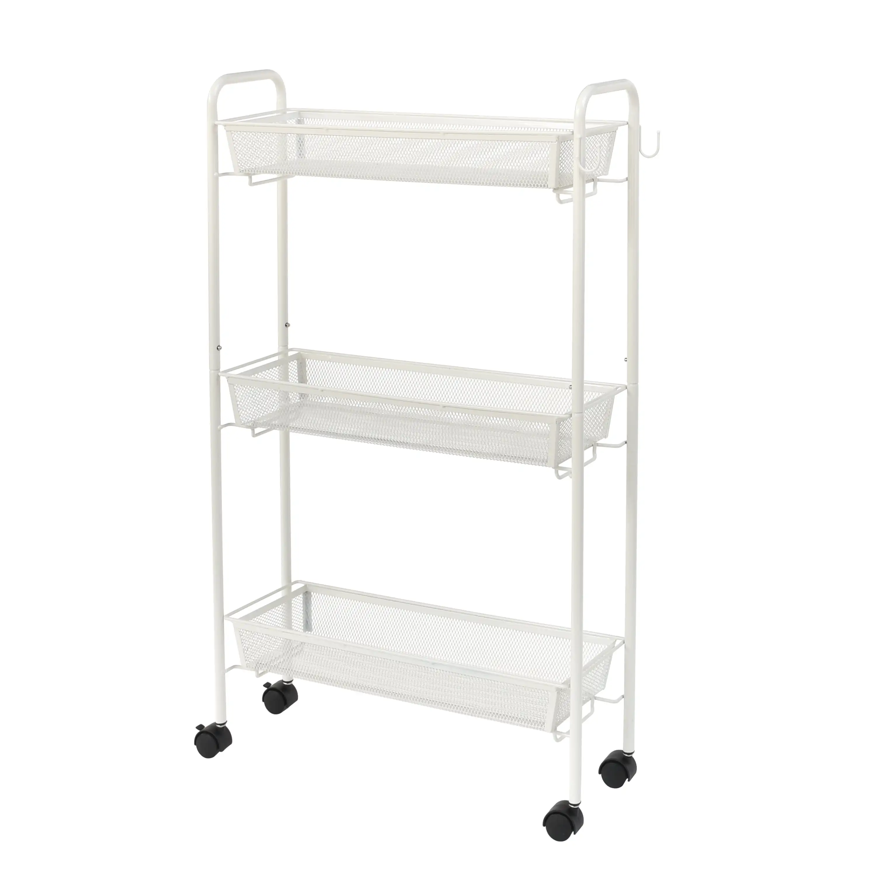 NEW Slim 3-Shelf Rolling Bathroom Organization Cart with 2 Hooks, White