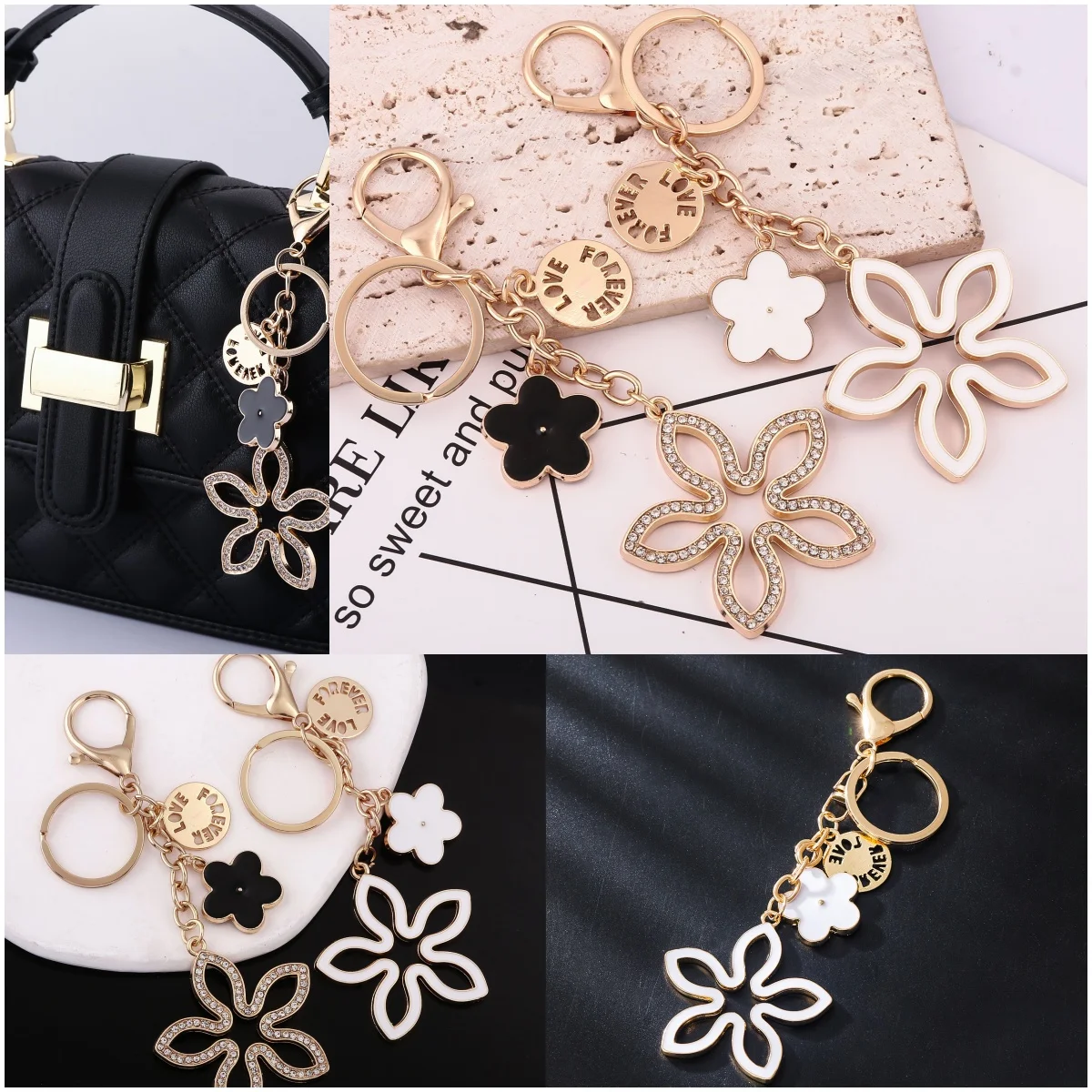 

Exquisite Girl Pendant Lucky Five Leaf Grass Keychain Couple's Bag Hollow Rhinestone Flower Keyring Man Woman Backpack Jewelry