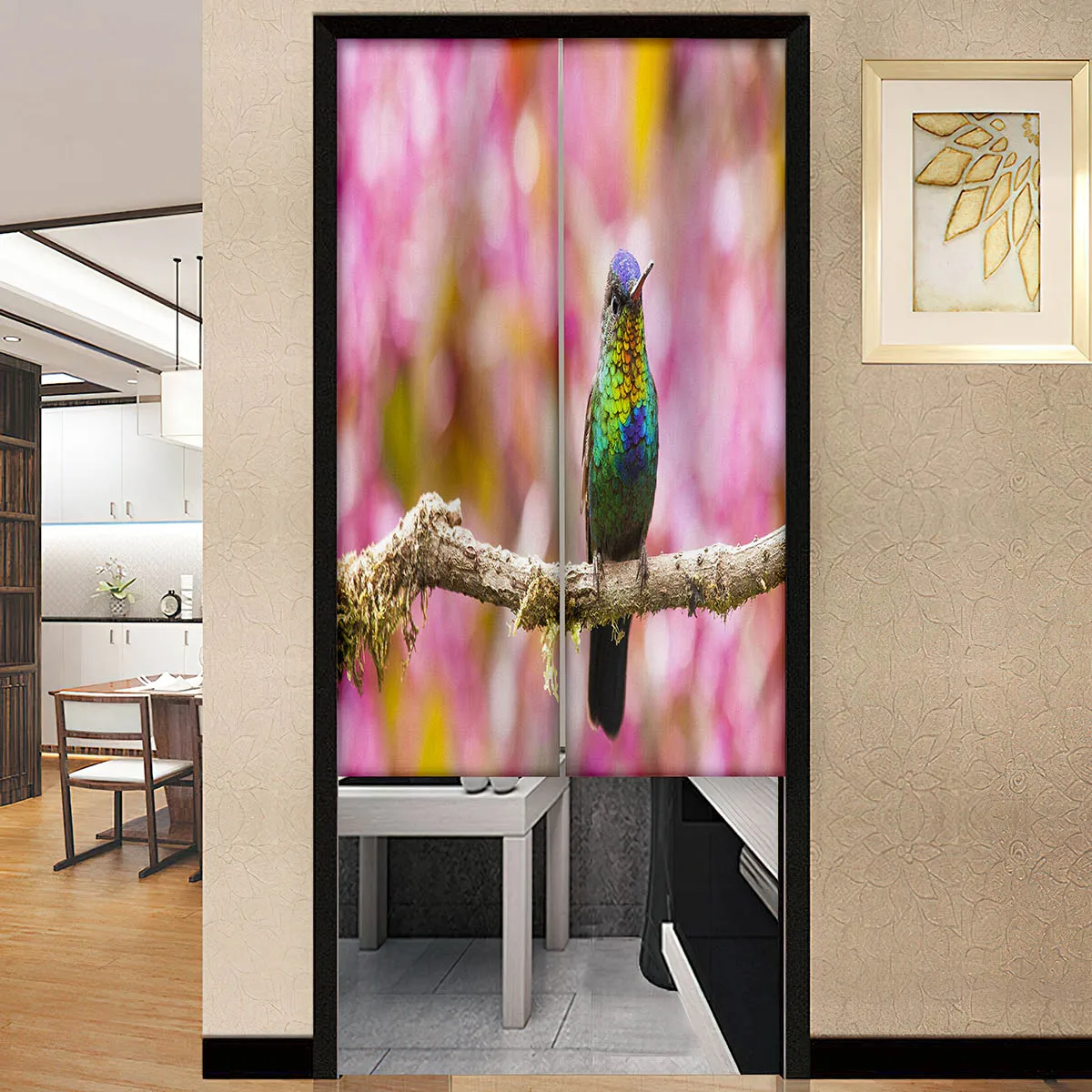 Green Blue Colors Feather Bird Door Curtain Tree Branch Short Noren Partition Doorway for Living Room Bedroom Doors Home Decor