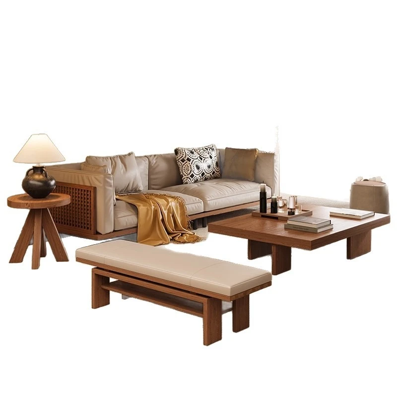 

Modern vision wabi sandy wind simple solid wood straight row fabric sofa coffee table combination living room home 2025 new