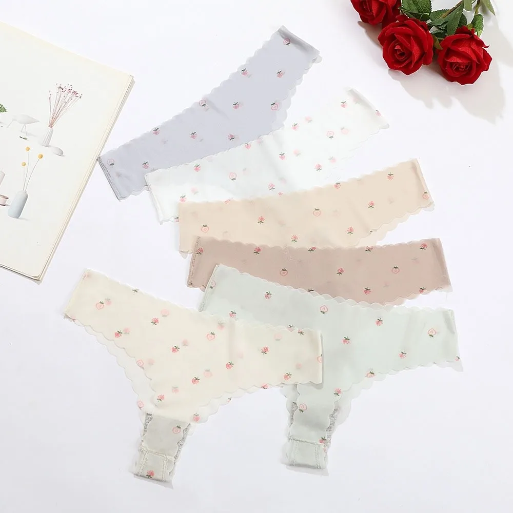 Comfortable Soft Ice Silk Thongs Traceless Underpants Peach Printed Briefs Thin Lingerie T-back Panties Girls