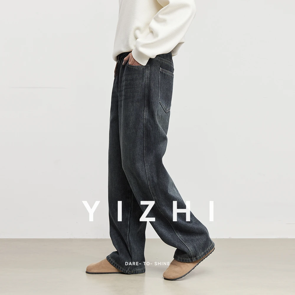 موضة الرجال مبطنة بالصوف غسلها مستقيم الساق الجينز 2025 الخريف الشتاء جديد مرونة الخصر فضفاض عادية العصرية بنطال ذو قصة أرجل واسعة #4