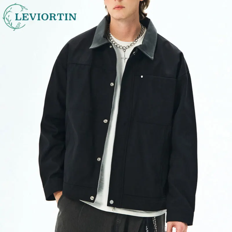 Spring and Autumn Men's Fashion Versatile Solid Color Simple Washed Yarn Cardigan Flip Collar Outdoor Work Clothes Flight Jacket