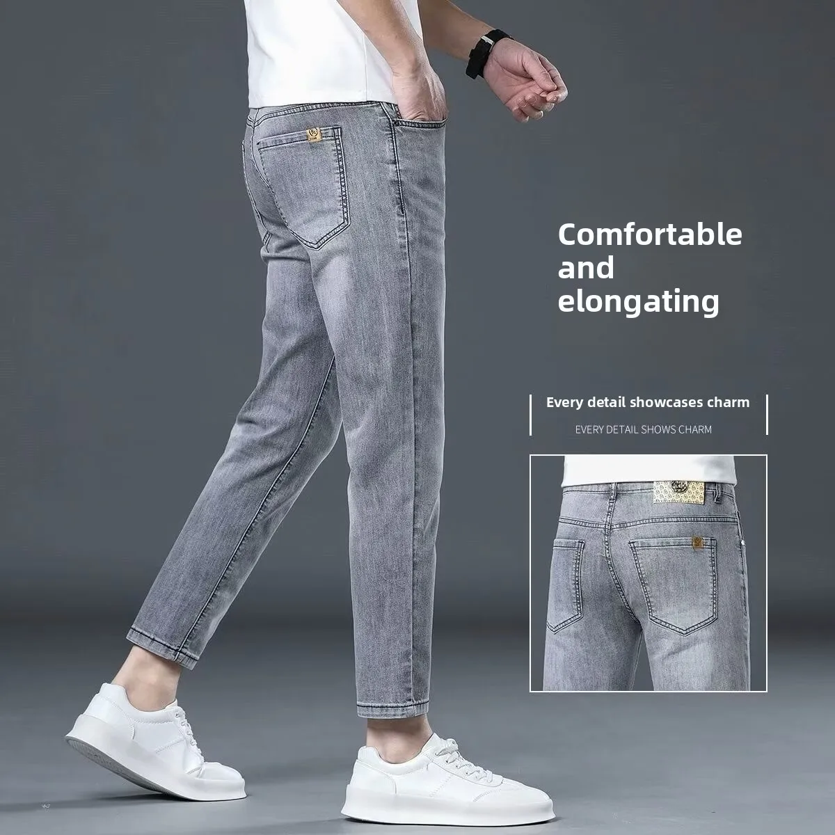 

Light Blue Men's Summer Casual Slim Fit Jeans Nine Points Long Pants Loose Straight Leg Thin Elastic Jeans Youth Trendy Brand