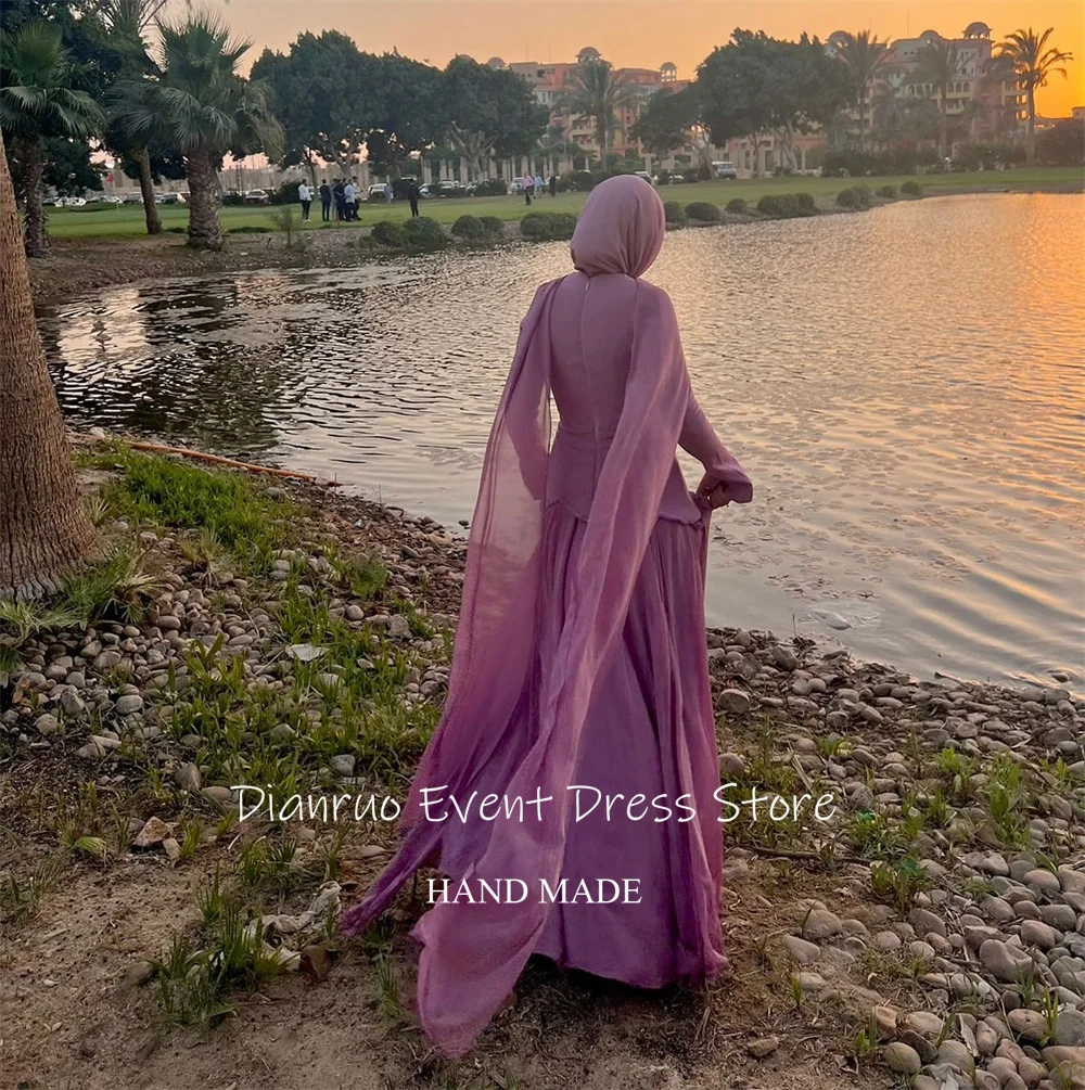 Dianruo uma linha fitas vestido de noite chiffon maxi vestido para ocasiões festivas muçulmano mangas largas abendkleider dubai personalizado