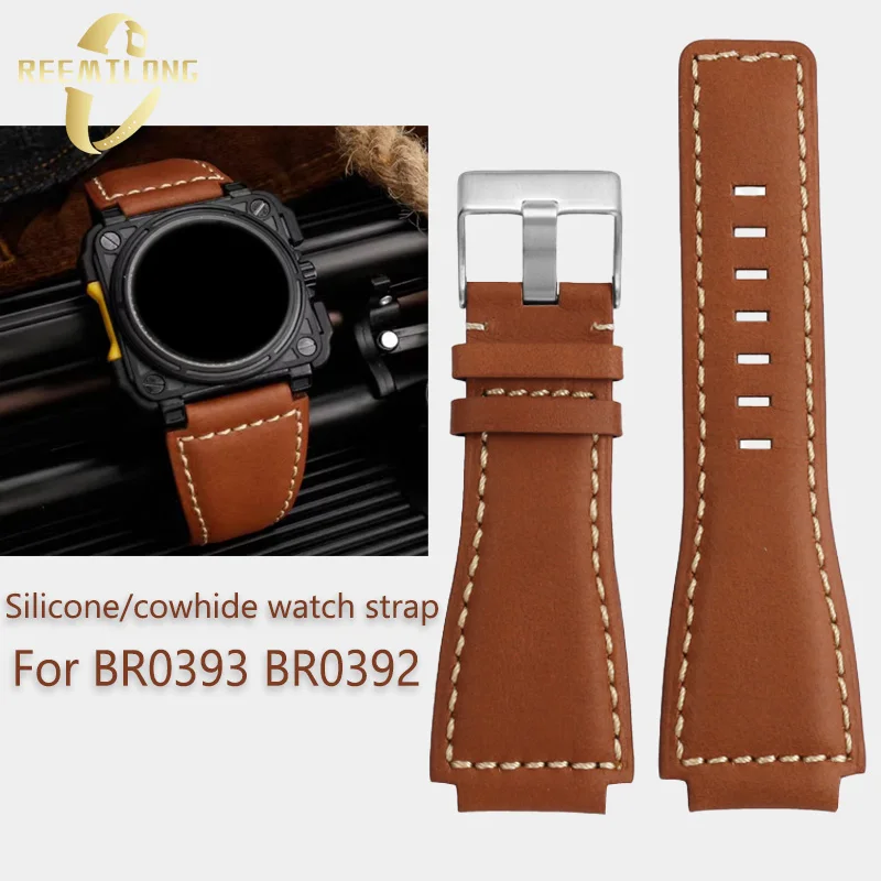 

Silicone rubber Cowhide lea/ther watch strap 24mm Convex joint olive green black brown men watchband For Bell Ross BR0393 BR0392