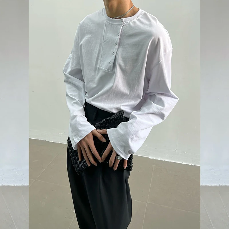 Fall Winter Collapsible O Neck Button Men Long Sleeve Sweatshirt Fashion All-match Casual Loose T Shirt Black White Khaki Unisex