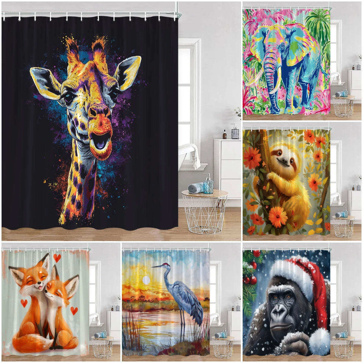 Wild Animals Shower Curtains Abstract Painting Elephant Giraffe Deer Sloth Fox Horse Shark Panda Champanzee Bathroom Curtain