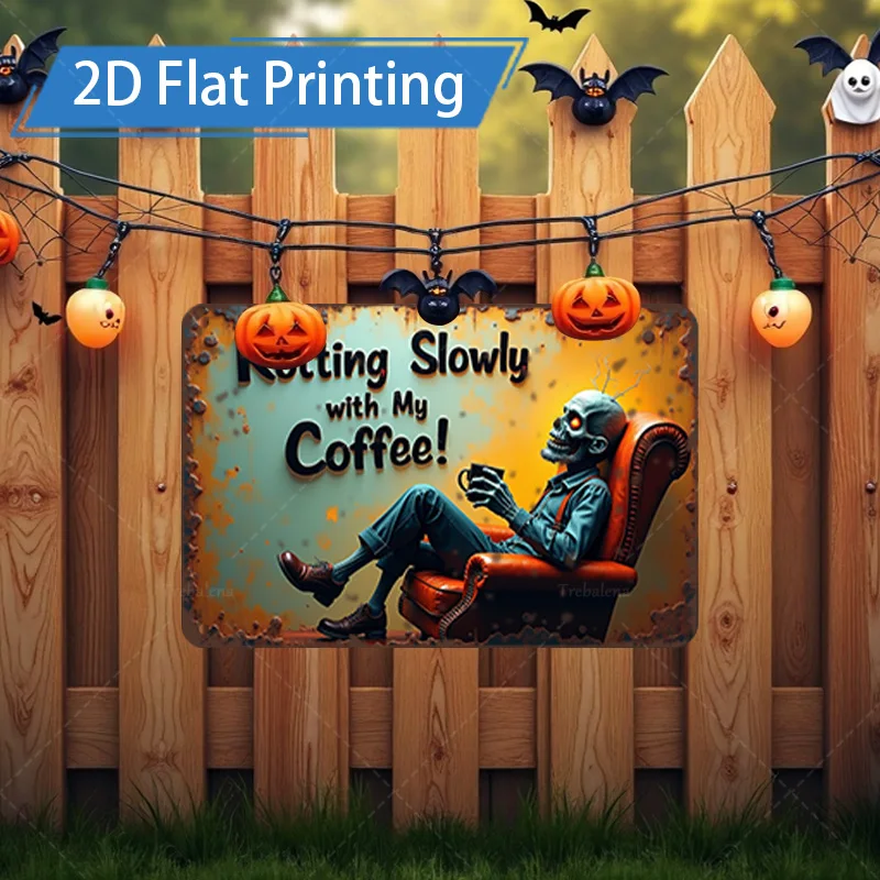 [2D FLAT] 1 قطعة علامة معدنية للهالوين زومبي علامة القهوة 2D طباعة مسطحة ديكور