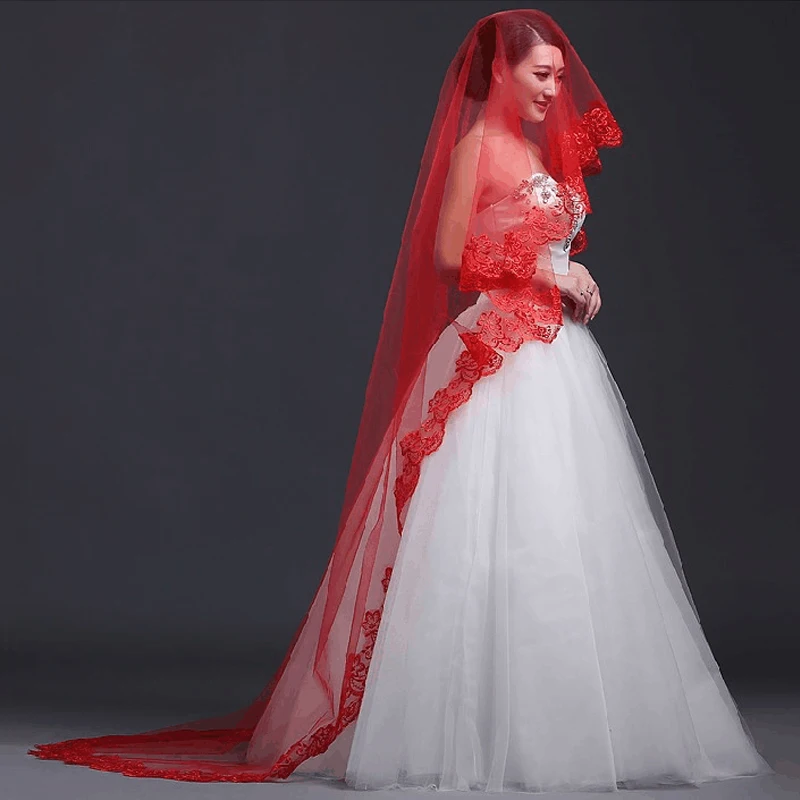Long Cathedral Bridal Veil 1.4M White Ivory Red Black Lace Edge Wedding Tulle Appliques Embroidery Bride Veils Short Elbow