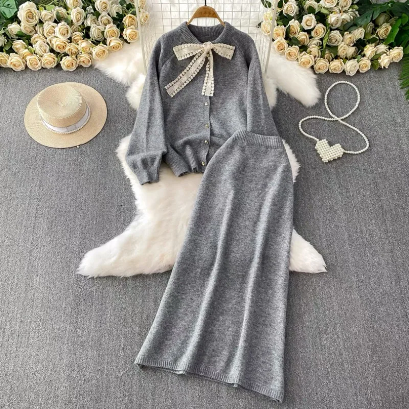 Winter Outfit Bow-Tie Single-Button Crew Neck Long-Sleeve Knit Cardigan High-Waisted Skirt Two-Piece Set Costumes Female Clothes
