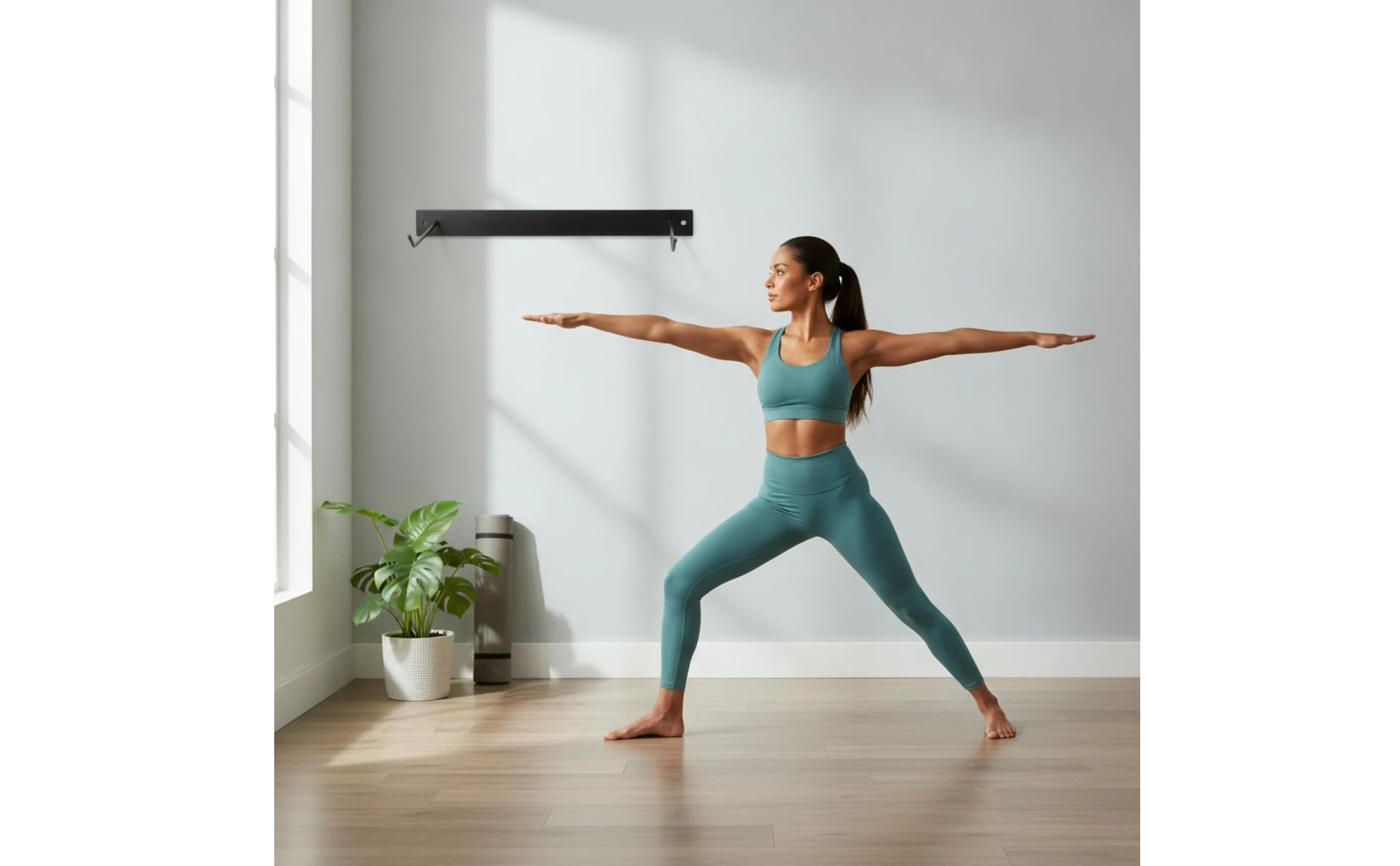 Fitness Mat Storage Rack Metal Fitness Mat Rack Shelf with Hooks Heavy-Duty Sturdy for Yogis, Home Gym, Workout Room