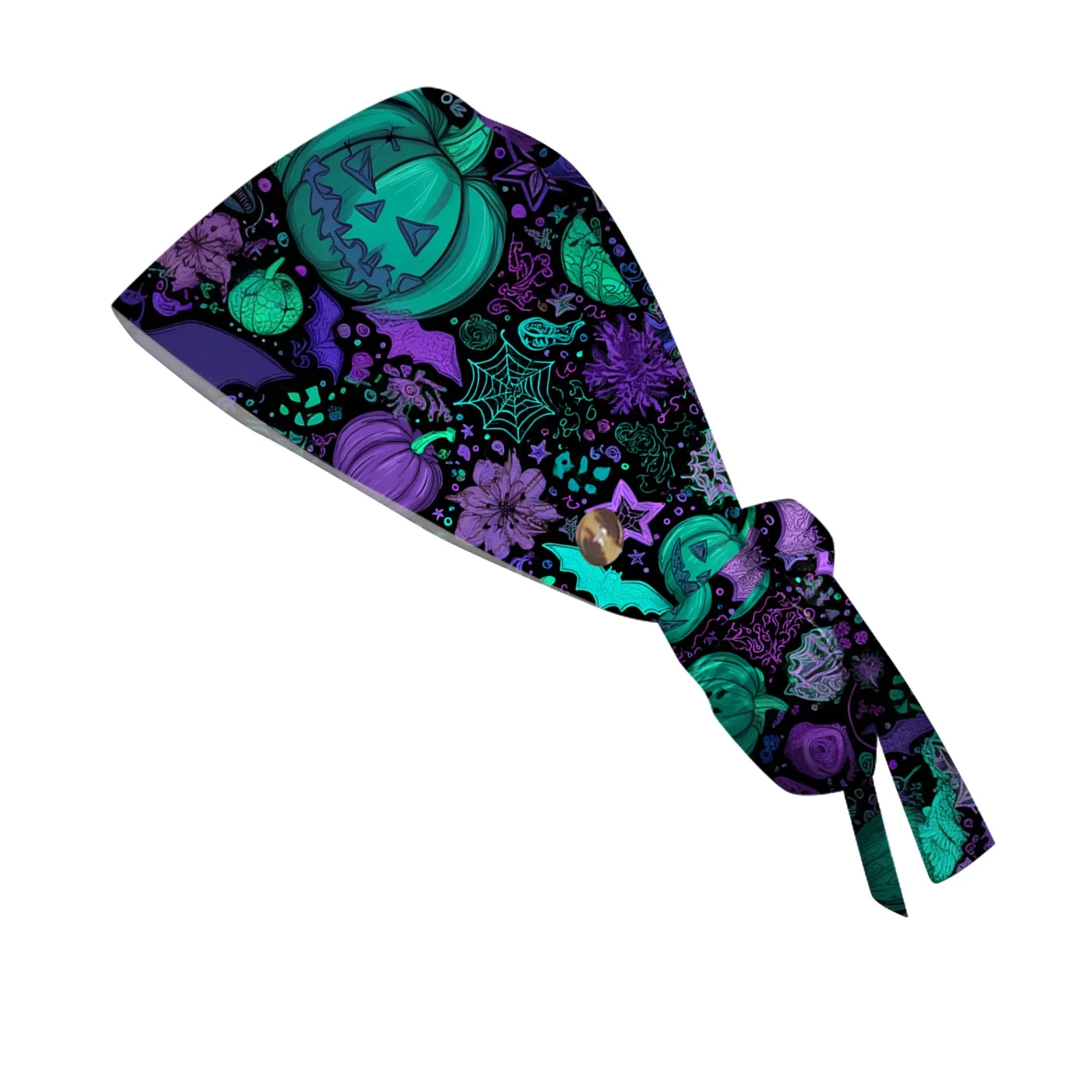 

Halloween Printed Work Scrub Cap with Button Doctor Wrap Long Hair Adjustable Lace-Up Women Beauty Care Hospital Accessories