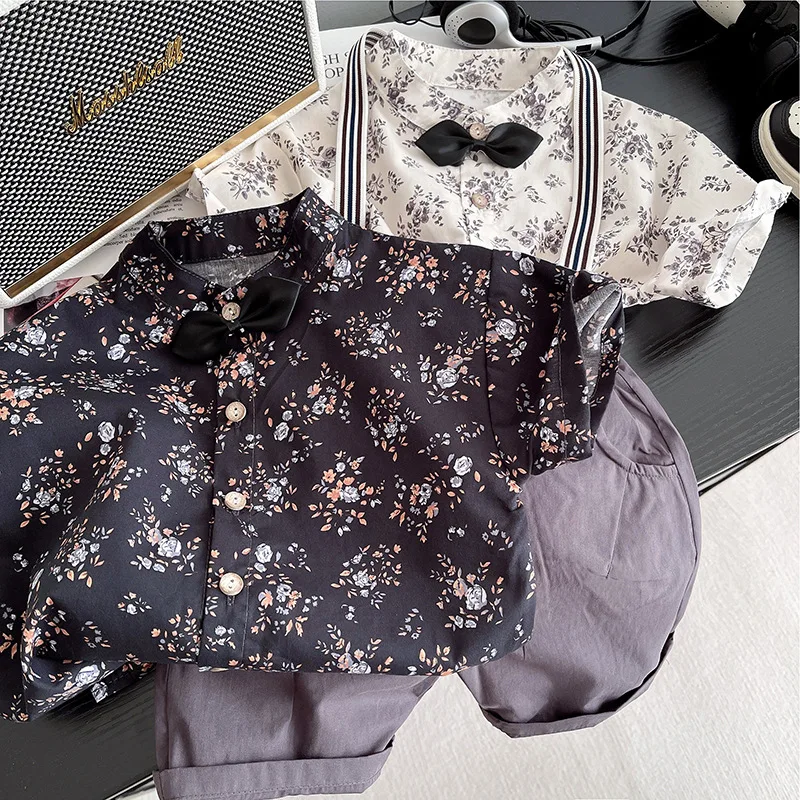 

Baby Boys 2Pcs Floral Print Outfit Set Bow Tie Short Sleeve Shirt Suspender Shorts Cotton Clothing for Toddlers Party Daily Wear
