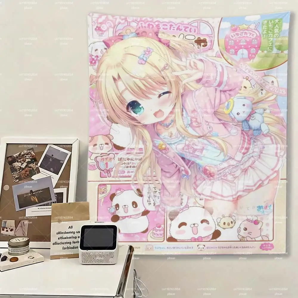1PC Kawaii Anime Girl Tapestry, Pastel Pink Manga Page Wall Hanging, Cute Panda Bear Aesthetic Room Decor for Bedroom Dorm
