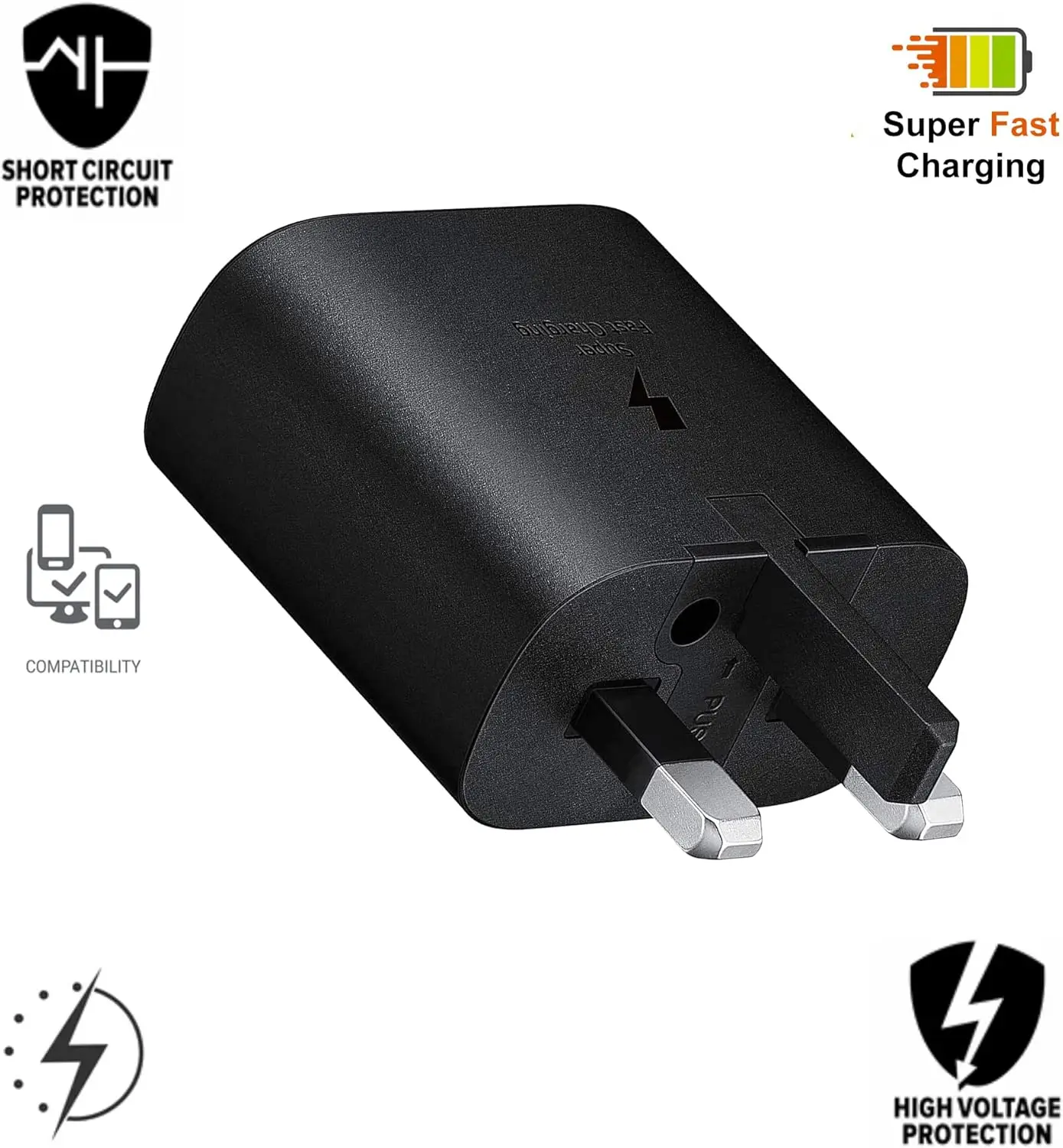 Зарядное устройство для мобильного телефона USB-C с британской вилкой 25 Вт и двойным кабелем Type-C длиной 1 м, сверхбыстрая зарядка для Samsung S23 Ultra/S24/S25