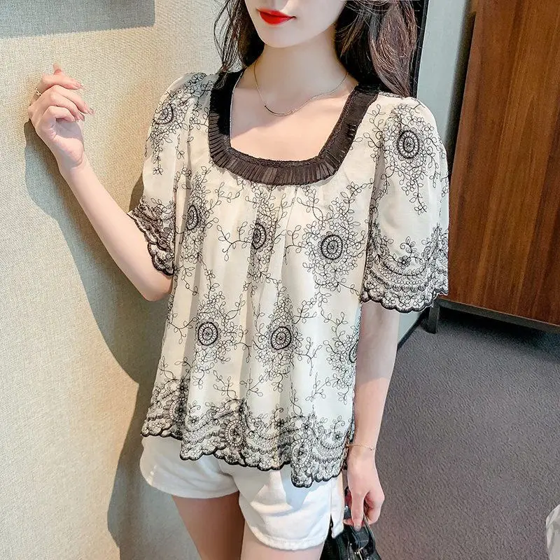 Summer Fashion Square Collar Patchwork Shirt Vintage Printed Women\'s Clothing Folds Korean Loose Short Sleeve Chiffon Blouse New