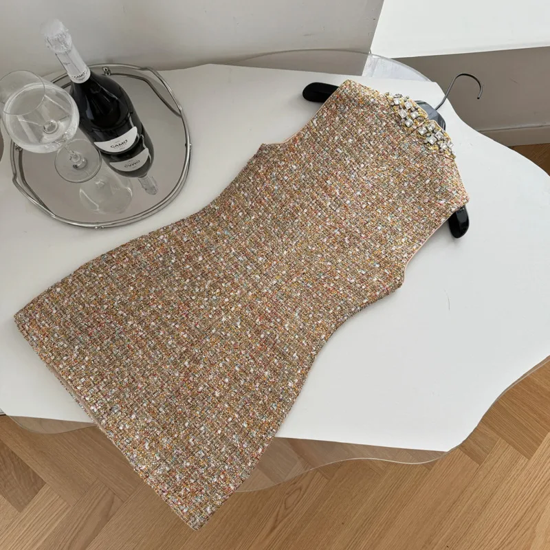 High Quality French Luxury Diamonds Small Fragrance Tweed Dress For Women Vintage Elegant Sleeveless Sexy Short Dresses Vestidos