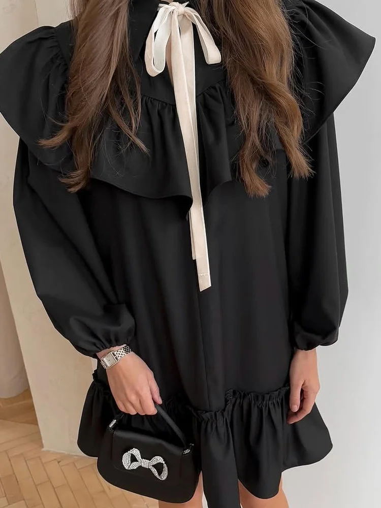 Black Tiered Ruffle Mini Dress Bow Tie Collar Long Puff Sleeve Ruffle Hem Party Evening Cocktail Drawstring Waist Slim Fit Dress