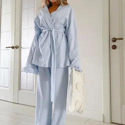 2023 Imitation Silk Pajamas For Women Solid Cardigan Long Petal Sleeve Pants Nightgown 2Pcs Casual Loose Ladies Home Sleepwear