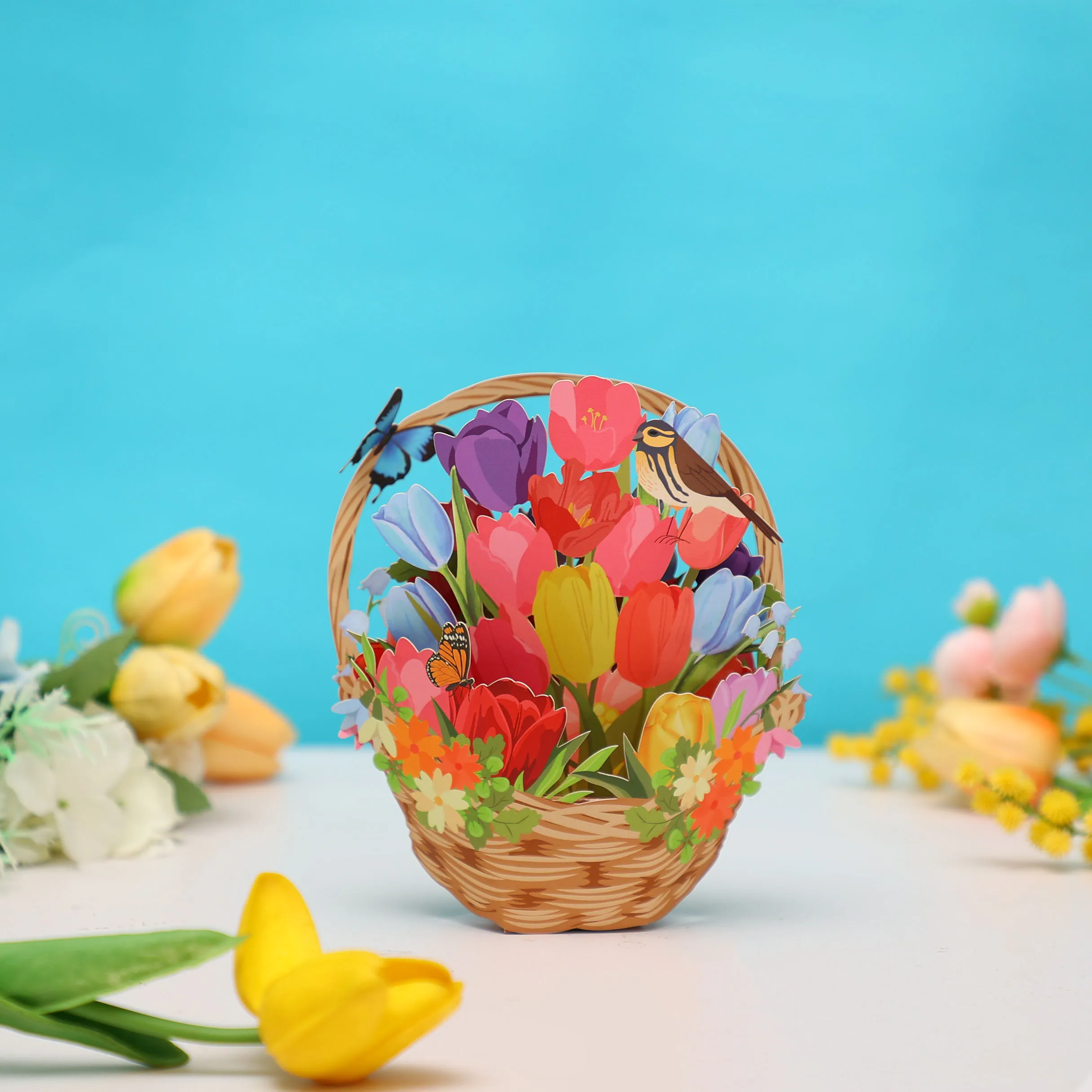 3D-Grußkarte mit einem Blumenstrauß aus Tulpen, geeignet für Geburtstage, Jubiläen und andere Anlässe