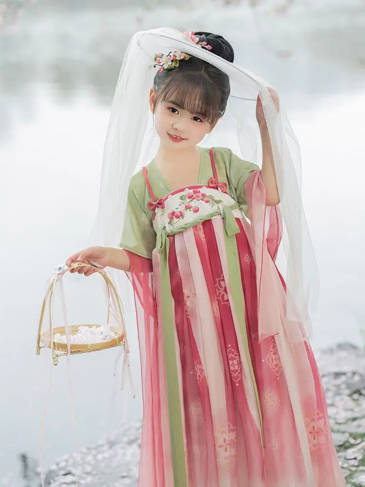 زي هان على الطراز الصيني للفتيات ، زي الأطفال القديم ، فتاة صغيرة ، بدلة تانغ فائقة الجنية ، فستان صيفي ، طفلة صغيرة