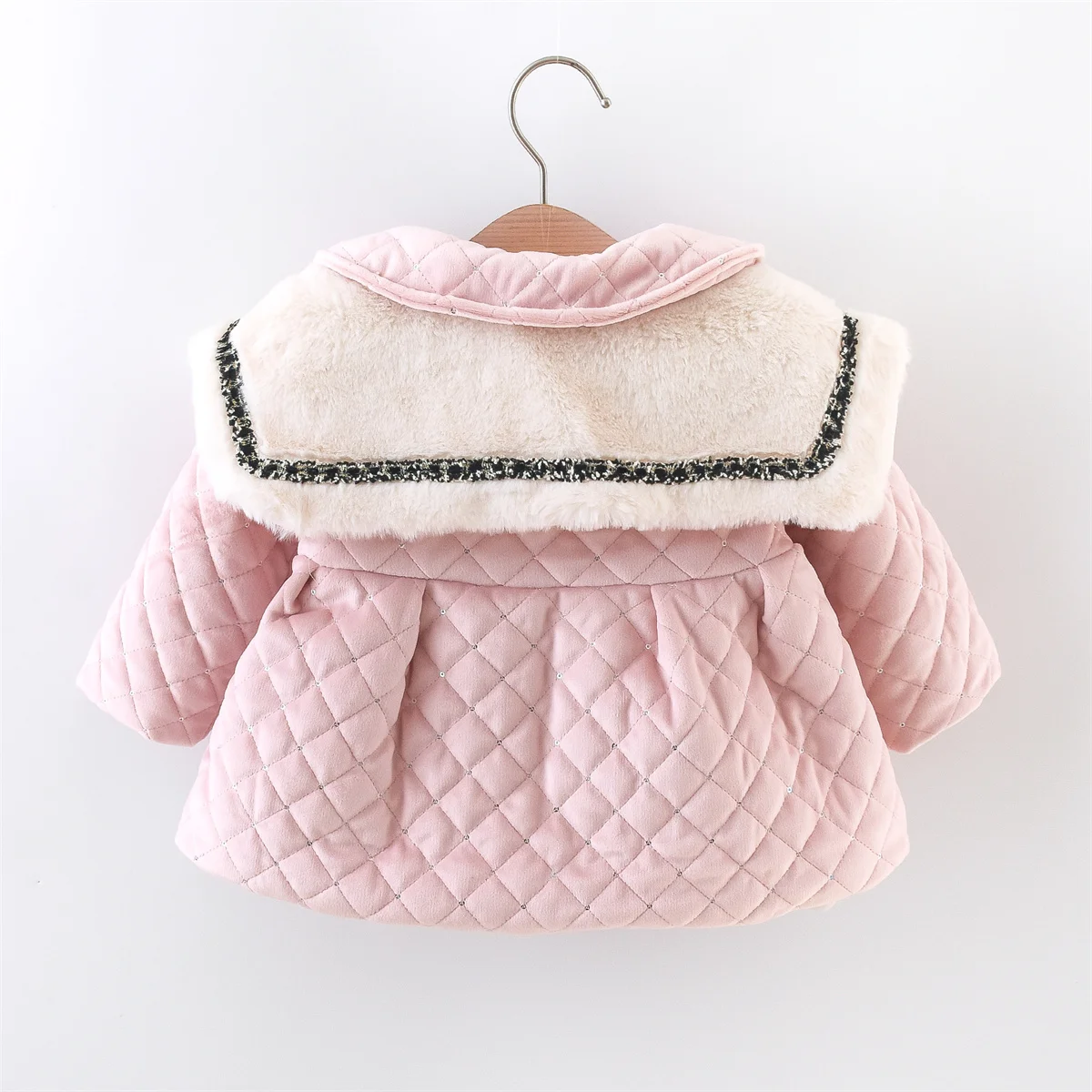 Winter Baby Girl Large Neck Thick Coat Sequin Quilted Single Breasted Solid Color Cute Cotton Filled Warm Windbreaker