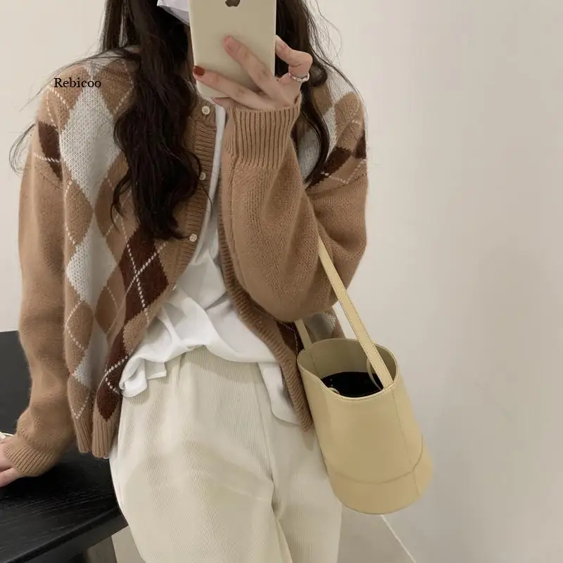 Vintage Plaid sweter sweter płaszcz jesień koreański styl sweter z dzianiny kobiet sprawdź z długim rękawem luźny sweter Femme