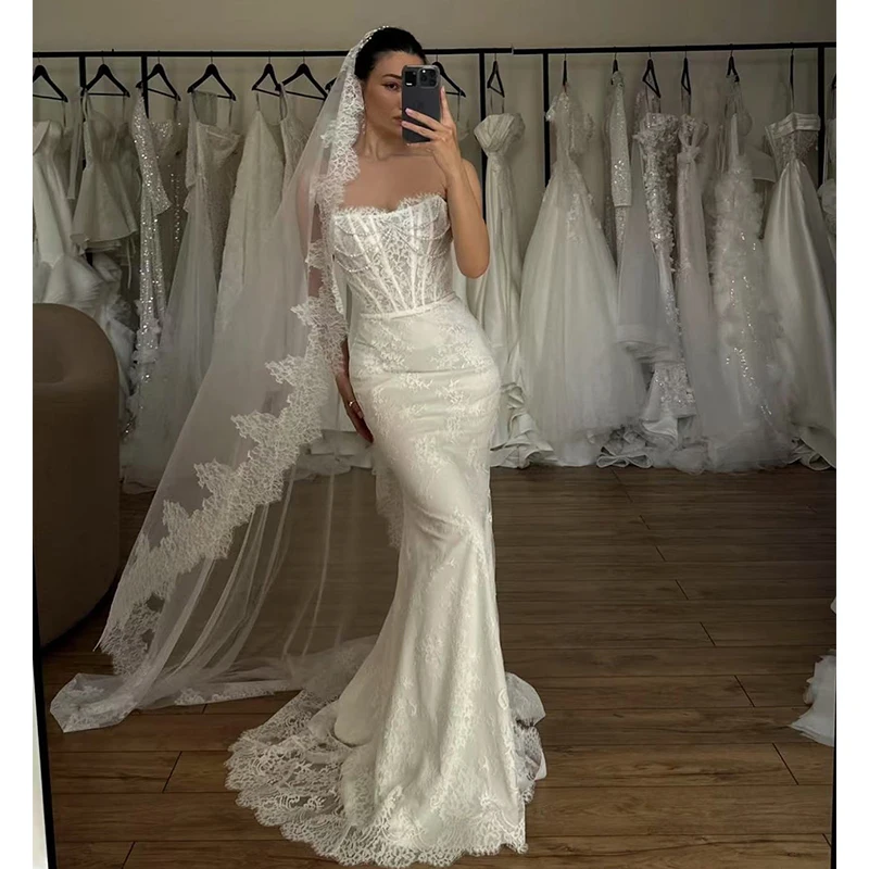 

Vintage Wedding Dress Organza With Embroidery Mermaid Ball Gown Strapless Sleeveless Customized Bride Dress Vestido De Novia