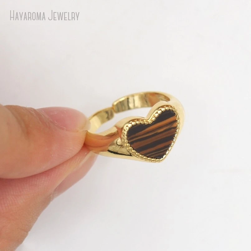 10Pcs Wholesale Gift For Her Metal Stone Tiger Eye Copper Hearts Heart Shape Point Gold Color Ring RM50951