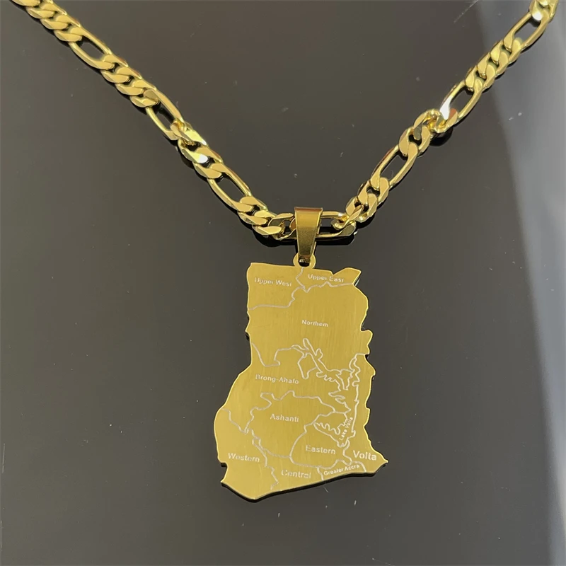 Ghana Partition Map Carving Pendant Necklace Titanium Steel Gold Plated Garo Chain African Ethnic Commemorative Men's and Women'