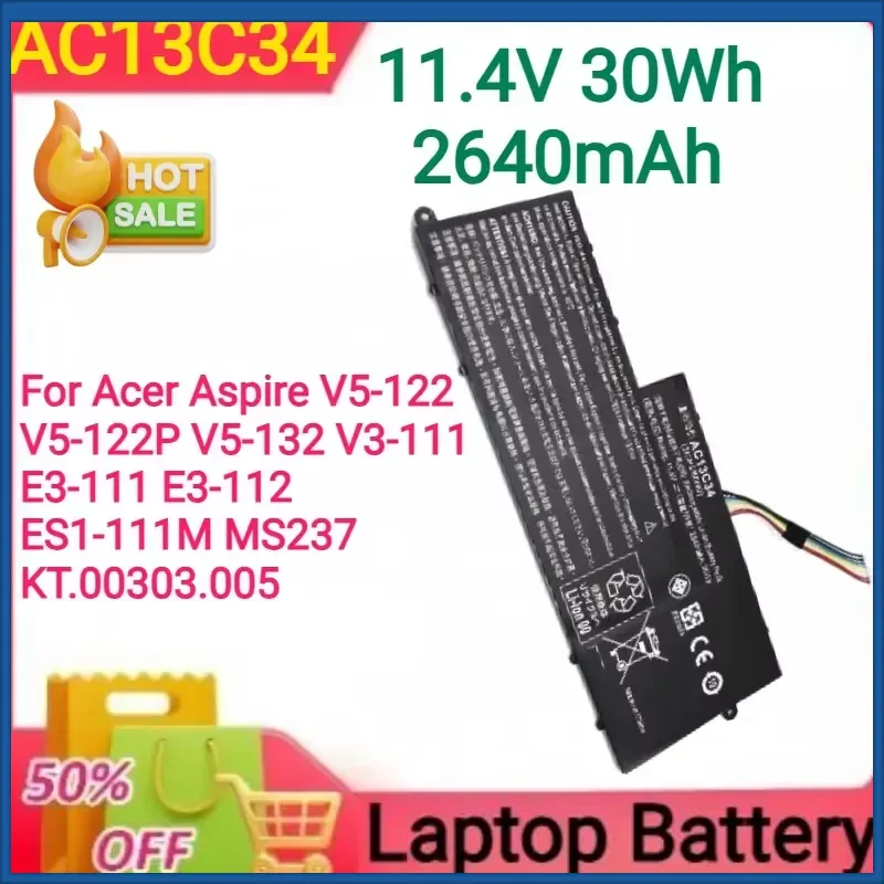 Batería para Portátil AC13C34 11.4V 30Wh/40Wh para Acer Aspire V5-122 V5-122P V5-132 V3-111 E3-111 E3-112 ES1-111M MS237 KT.00303.005