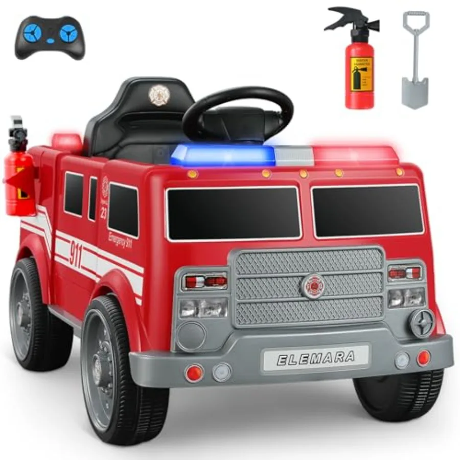 

Ride-on fire truck for toddlers, ABS plastic, red, 12V battery-powered with parent remote, siren, flashing lights, Bluetooth mu