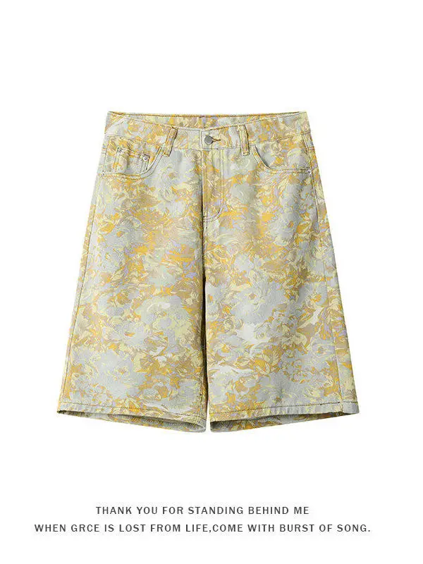 

American Sle Summer Thin Straight Cut Beach Casual Pants Men's Floral Tie Dye Five-Quarter Length Cotton Polyester Blend