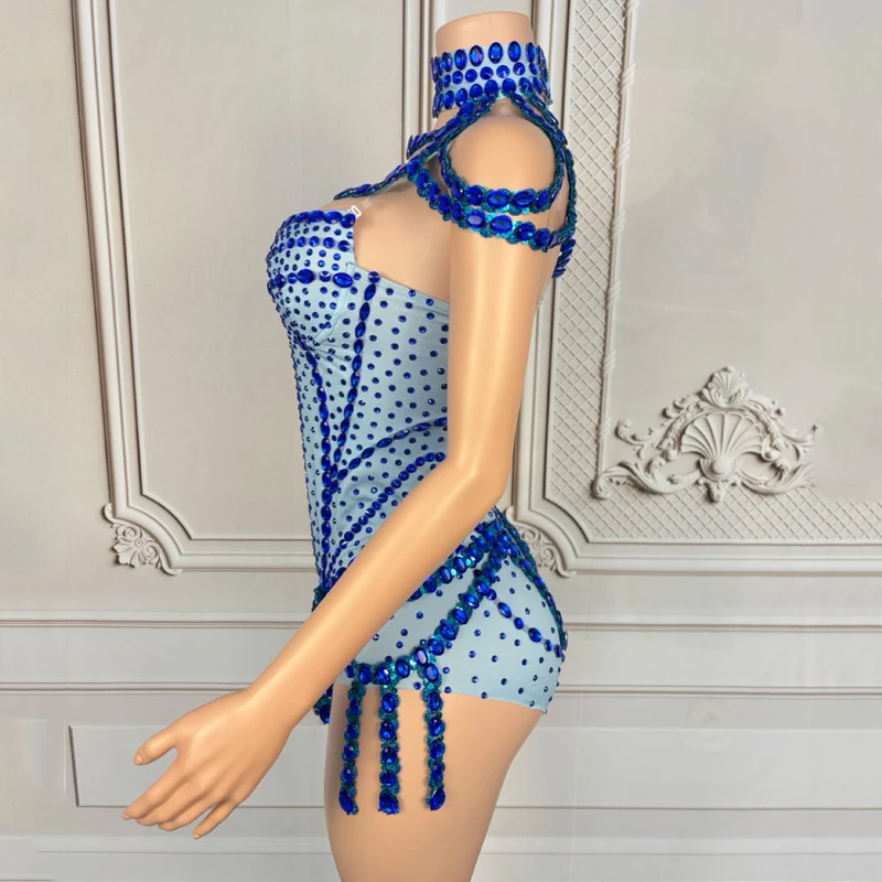 Women Group Jazz Dance Costume Blue Rhinestones Bodysuit Halloween Bar Nightclub Ds Dj Gogo Dancer Outfit Rave Wear XS9691