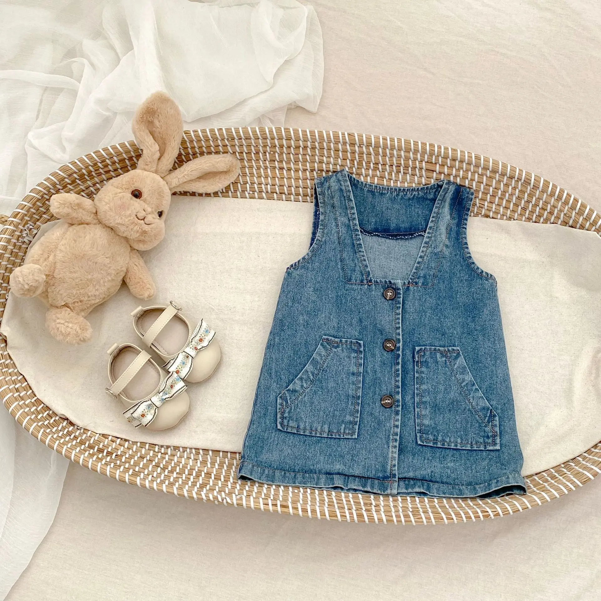 New Denim Vest Dress for Baby Girls, 2025 Versatile Dress for Girls, Double Pocket Denim Jacket