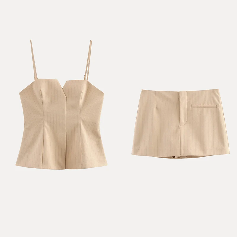 طقم أنيق وبسيط لربيع 2025 للنساء يتكون من توب بحمالات رفيعة وتنورة من ألياف البوليستر عالية الجودة، زي مدرسي
