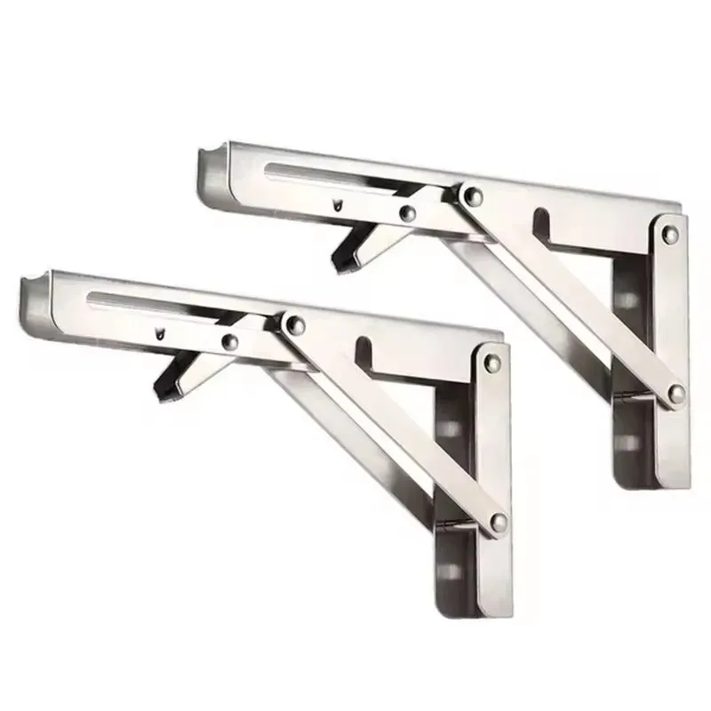 Pair of Foldaway Triangular Stainless Steel Brackets for Strong Wall Shelving and Table Support